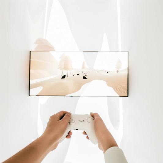 Large TV screen with hands in front holding on to a gaming controller