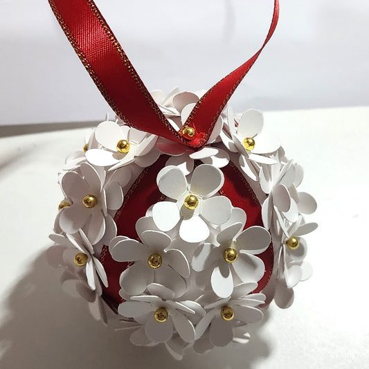 Floral Pinned Christmas Baubles with Red Ribbon
