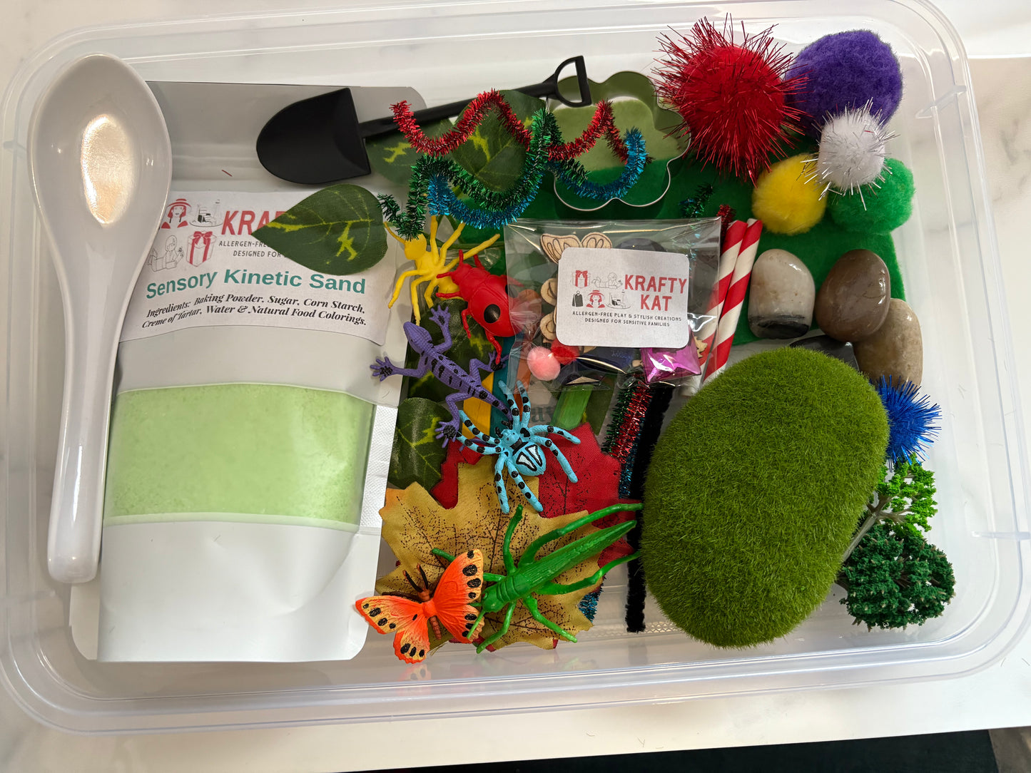 Insects Sensory Kinetic Sand Play Kit with themed items in own portable container.