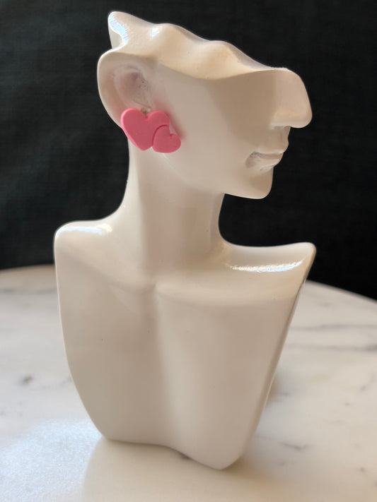 Double Pink Heart Gold Stud Earrings