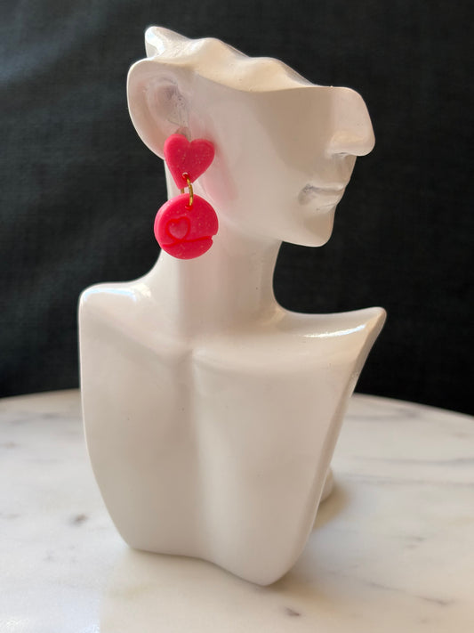 Sparkle Pink Shimmering Mini Heart Inside a Circle with a Small Pink Sparkle Heart Gold Stud Earrings