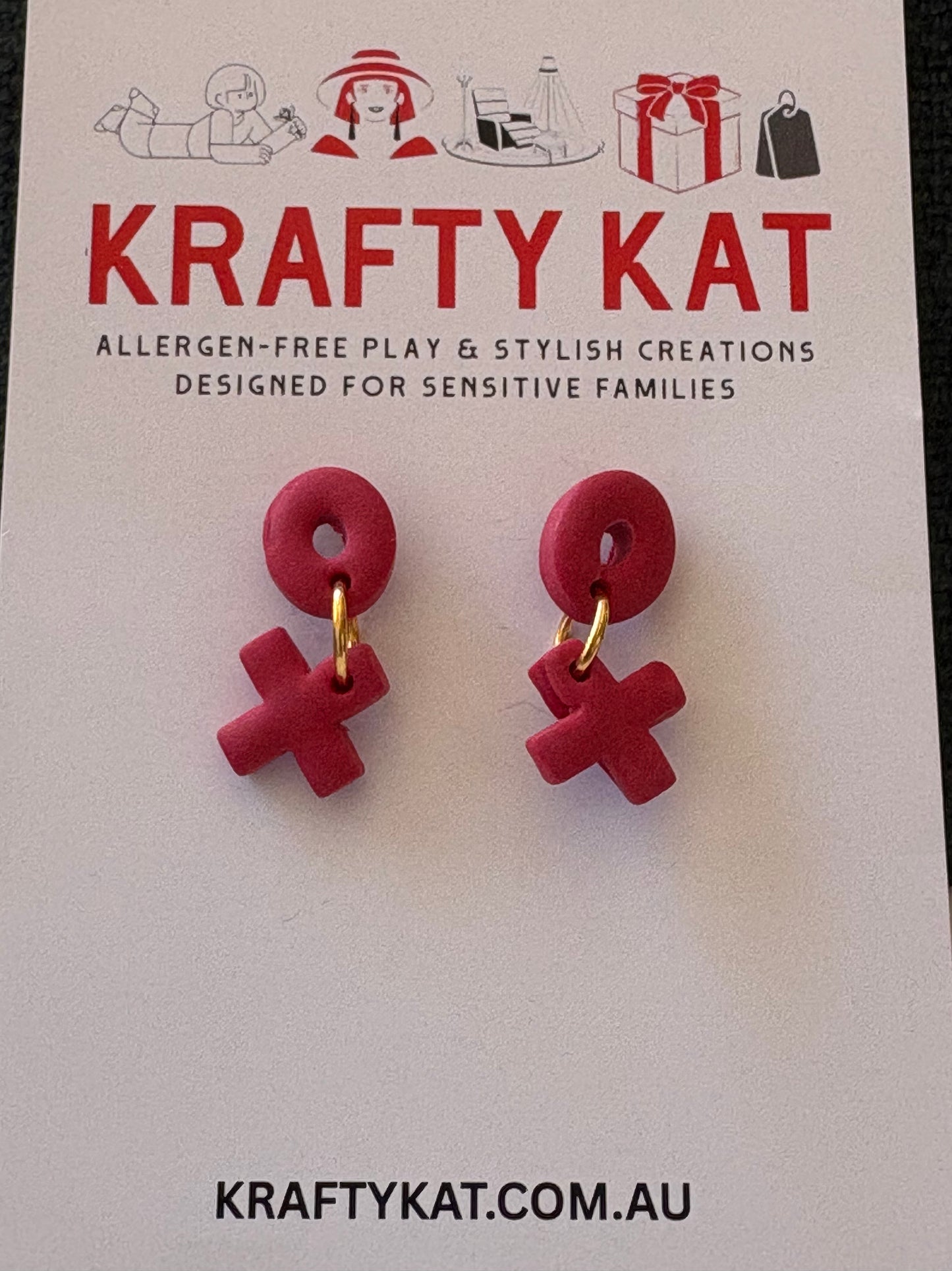 Red Hug and Kiss Dangle Gold Stud Earrings