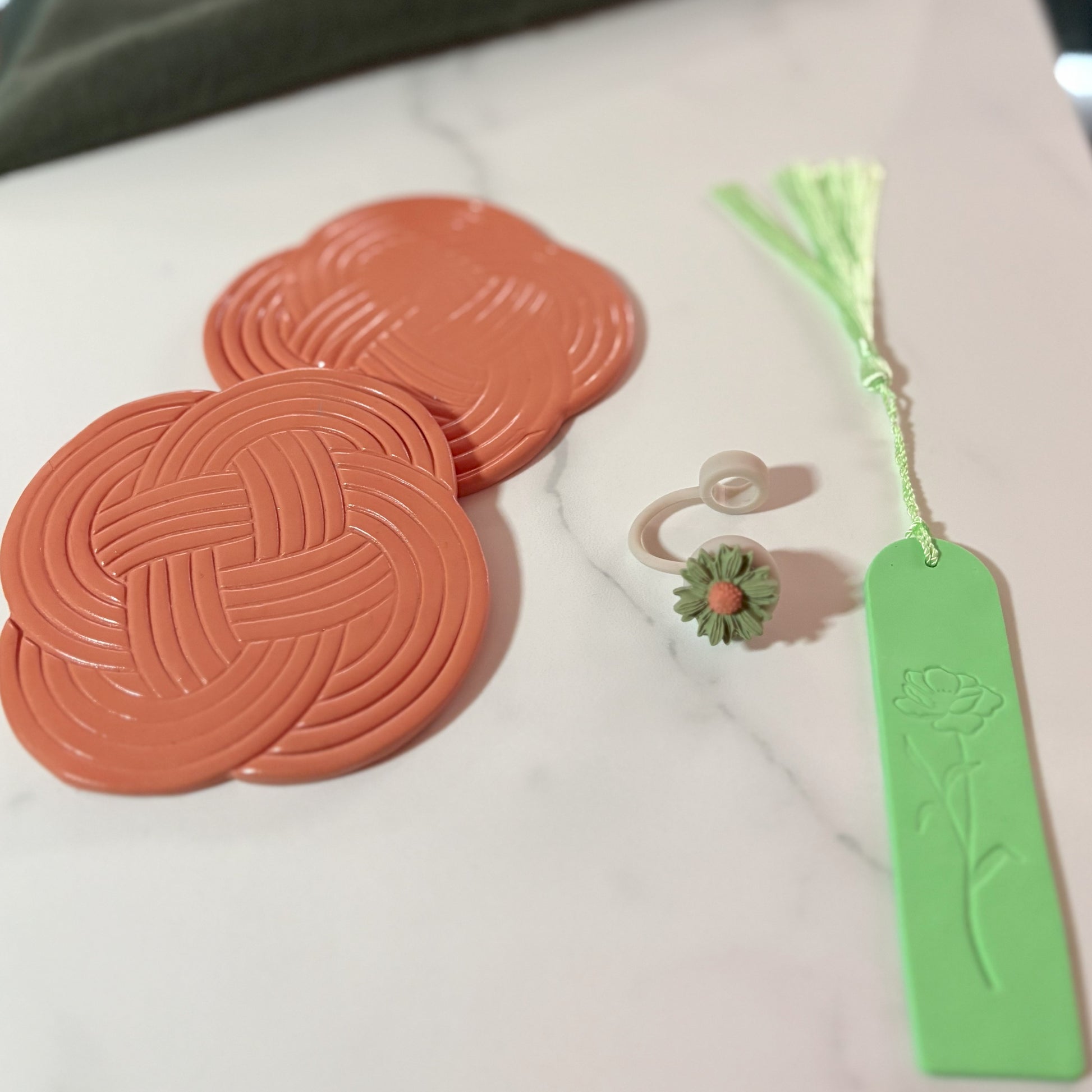 Set of 2 Coasters, a straw cover cap and a bookmark