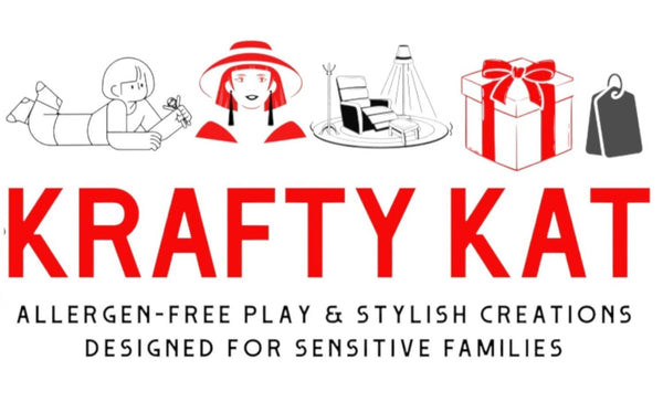 Logo of Krafty Kat with illustrations of a child playing, a woman wearing earrings, a lounge room and a gift with tag line Allergen-Free Play and Stylish Creation Designed for Sensitive Families on a white background.