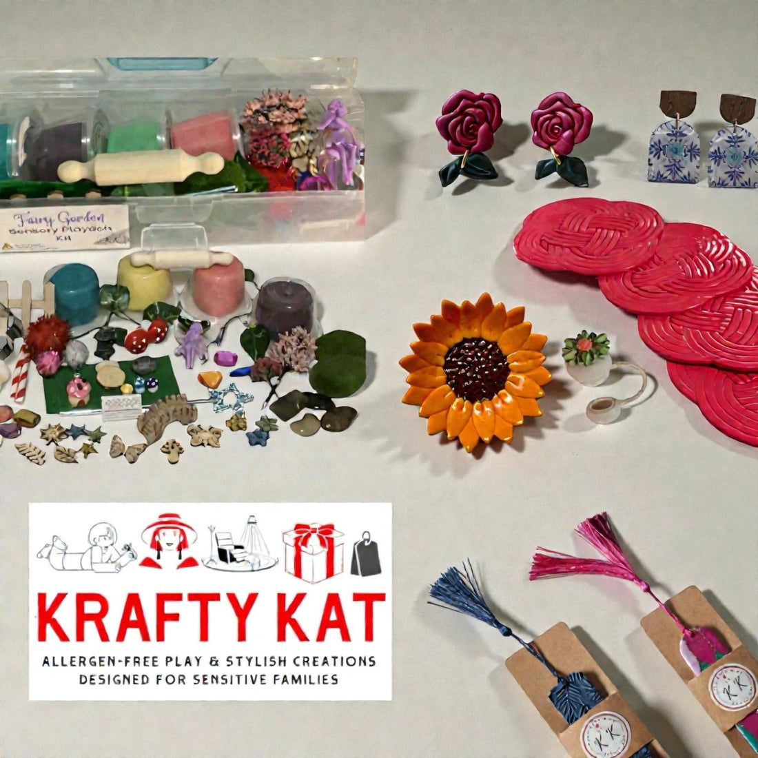 A flat lay image featuring a collection of Krafty Kat 's allergen-free products, along with the Krafty Kat logo and tagline Allergen-free Play and stylish creations designed for sensitive families.
