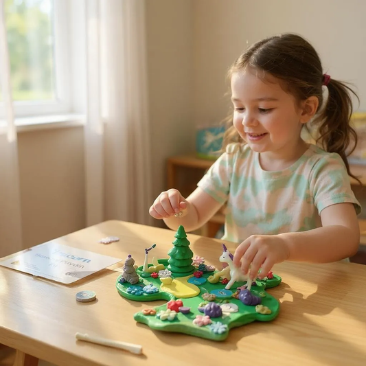 Young girl smiling and playing with her Krafty Kat Unicorn Sensory Playdoh Kit