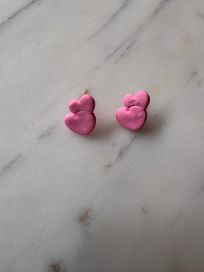 Pink Double Heart Gold Stud Earrings
