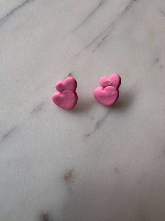 Pink Double Heart Gold Stud Earrings