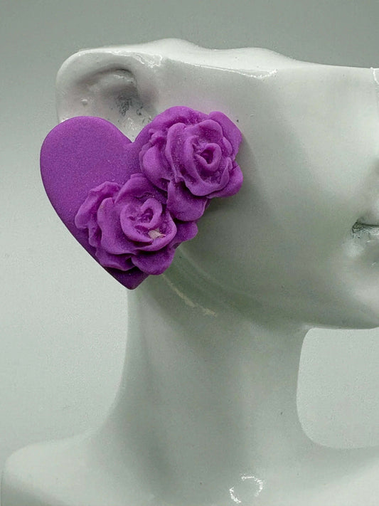 Purple Heart with Roses Rose Gold Stud