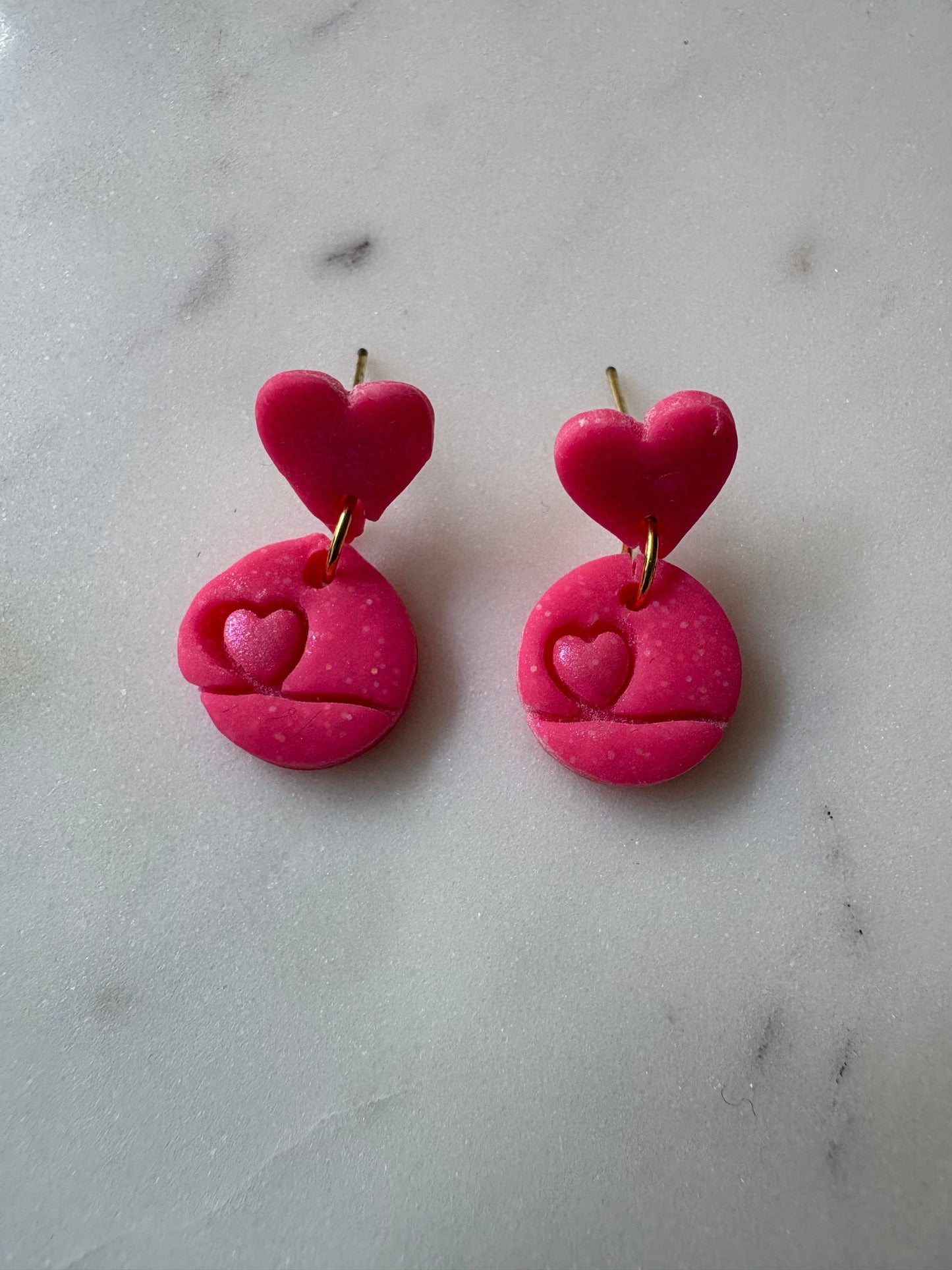 Sparkle Pink Shimmering Mini Heart Inside a Circle with a Small Pink Sparkle Heart Gold Stud Earrings