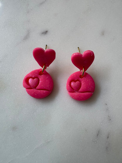 Sparkle Pink Shimmering Mini Heart Inside a Circle with a Small Pink Sparkle Heart Gold Stud Earrings