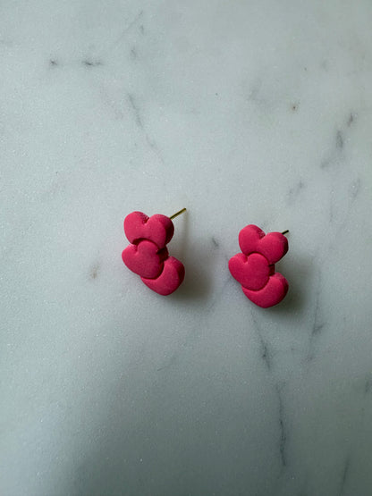 Triple Red Heart Gold Stud Earrings