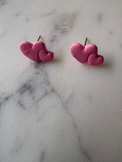Double Pink Heart Gold Stud Earrings
