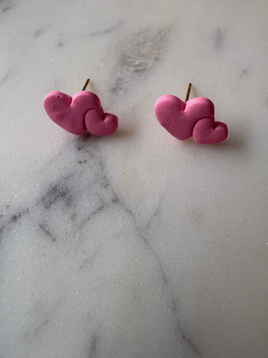 Double Pink Heart Gold Stud Earrings