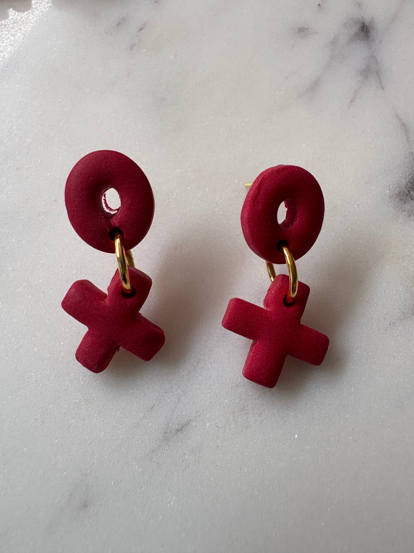Red Hug and Kiss Dangle Gold Stud Earrings