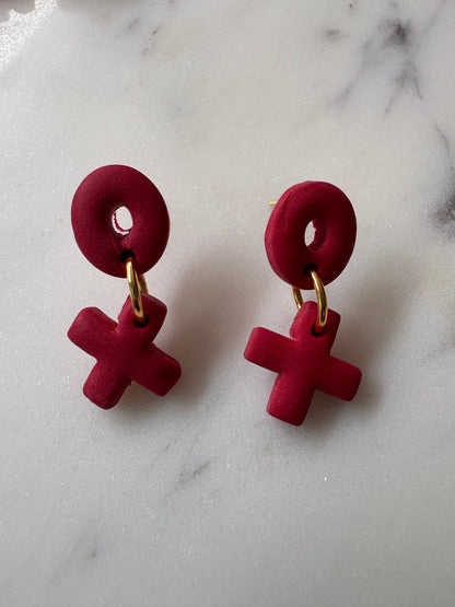 Red Hug and Kiss Dangle Gold Stud Earrings