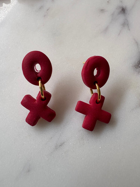 Red Hug and Kiss Dangle Gold Stud Earrings