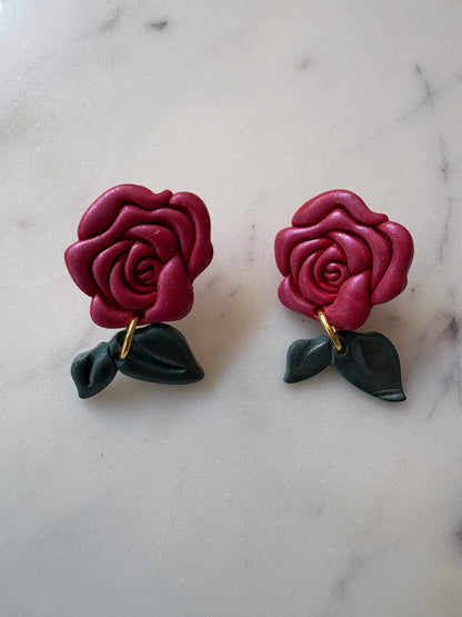Shimmering Rose with Leave Dangle Gold Stud Earrings