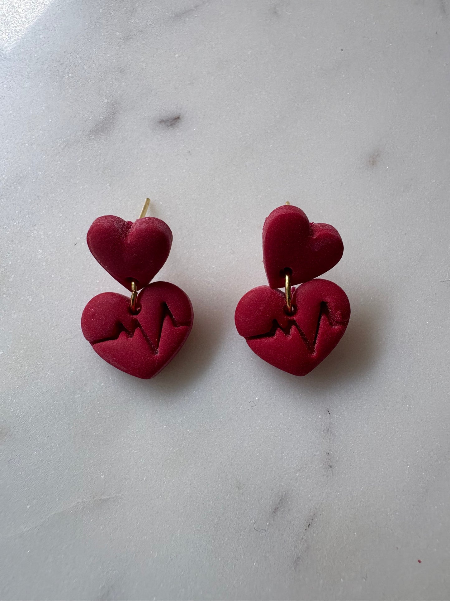 Small Red Heart with a Red Circle with a Heartbeat Line Dangle Gold Stud Earrings