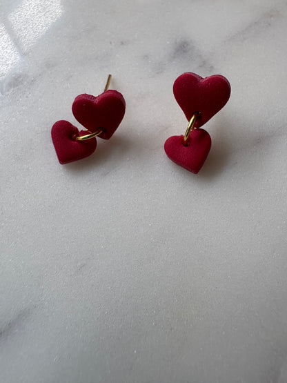 Small Heart with Mini Heart Dangle Gold Stud Earrings