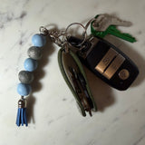 Silver Beaded Keyring with Blue Tassel and Light Blue & Silver Sparkle Beads