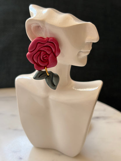 Shimmering Rose with Leave Dangle Gold Stud Earrings