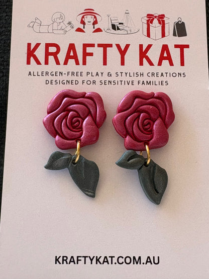 Shimmering Rose with Leave Dangle Gold Stud Earrings