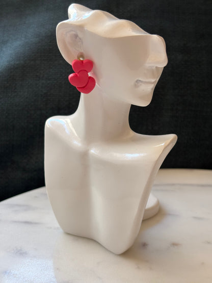 Triple Red Heart Gold Stud Earrings