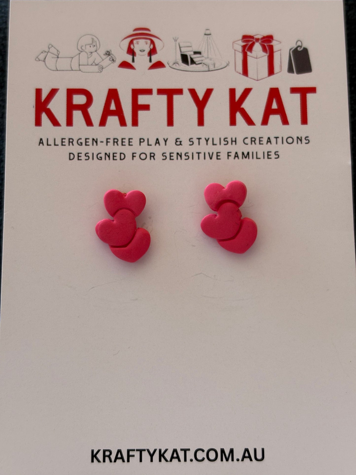 Triple Red Heart Gold Stud Earrings