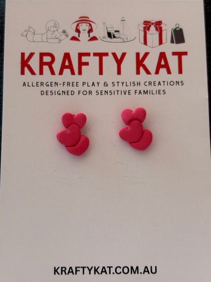 Triple Red Heart Gold Stud Earrings