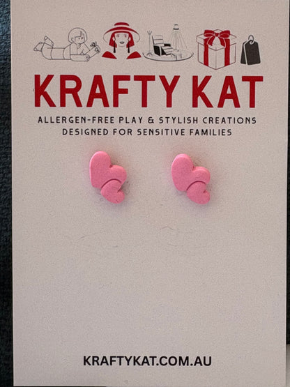 Double Pink Heart Gold Stud Earrings