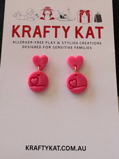 Sparkle Pink Shimmering Mini Heart Inside a Circle with a Small Pink Sparkle Heart Gold Stud Earrings