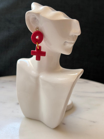 Red Hug and Kiss Dangle Gold Stud Earrings