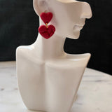 Small Red Heart with a Red Circle with a Heartbeat Line Dangle Gold Stud Earrings