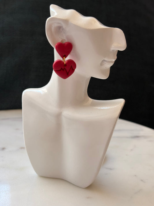Small Red Heart with a Red Circle with a Heartbeat Line Dangle Gold Stud Earrings