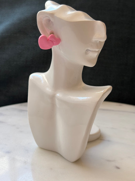 Pink Double Heart Gold Stud Earrings