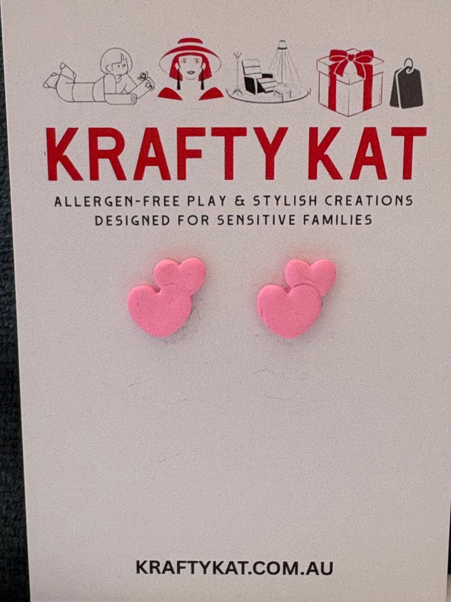 Pink Double Heart Gold Stud Earrings