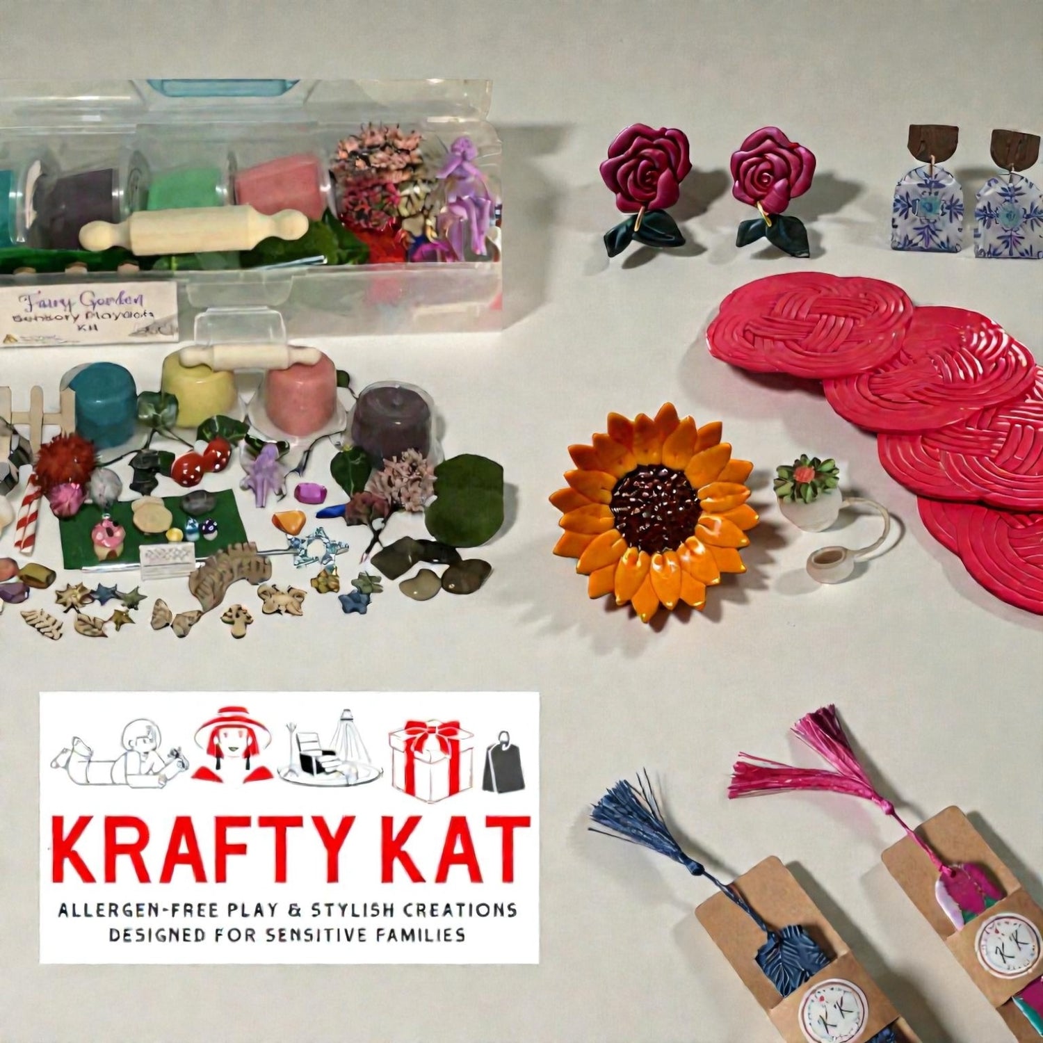 A banner with multiple products, such as the contents of the fairy garden sensory play kit with allergen-free playdough, a sunflower trinket tray, pink woven look coasters, a pair of hypoallergenic rose dangle earrings and a pair of blue water transfer earrings, a straw cover cap with flower on top and two bookmarks with tassels with the Krafty Kat logo stating Allergen-free Play & Stylish Creations Designed For Sensitive Families 