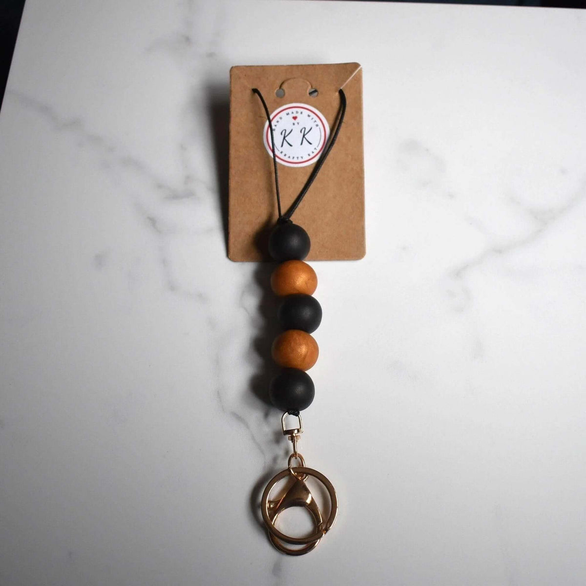Gold Keyring with Black & Gold Beads - Black Cord Lanyard - Krafty Kat