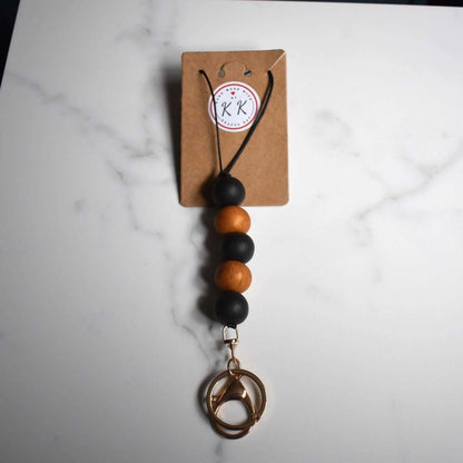 Gold Keyring with Black & Gold Beads - Black Cord Lanyard - Krafty Kat