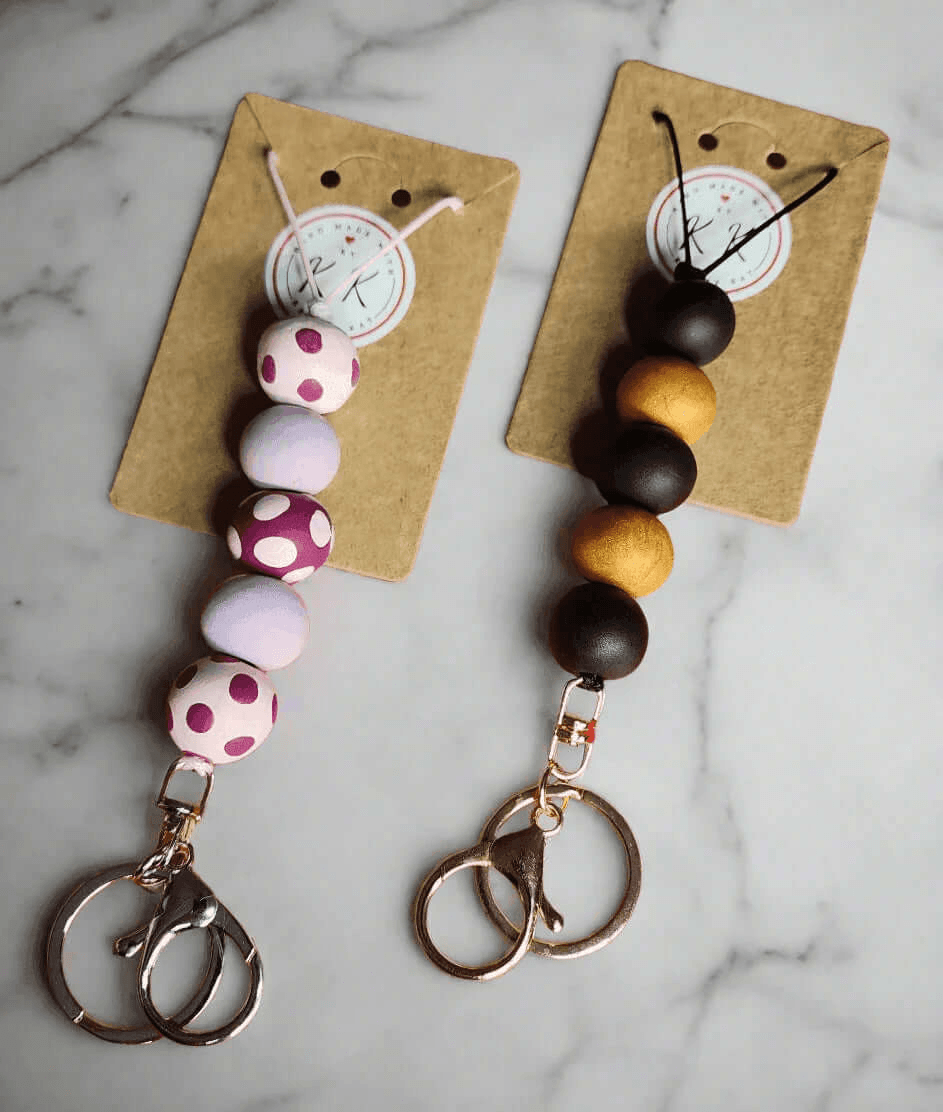 Gold Keyring with Black & Gold Beads - Black Cord Lanyard - Krafty Kat