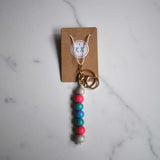 Gold Keyring with Sparkly White Pink Teal Green & Blue Beads - White Cord Lanyard - Krafty Kat
