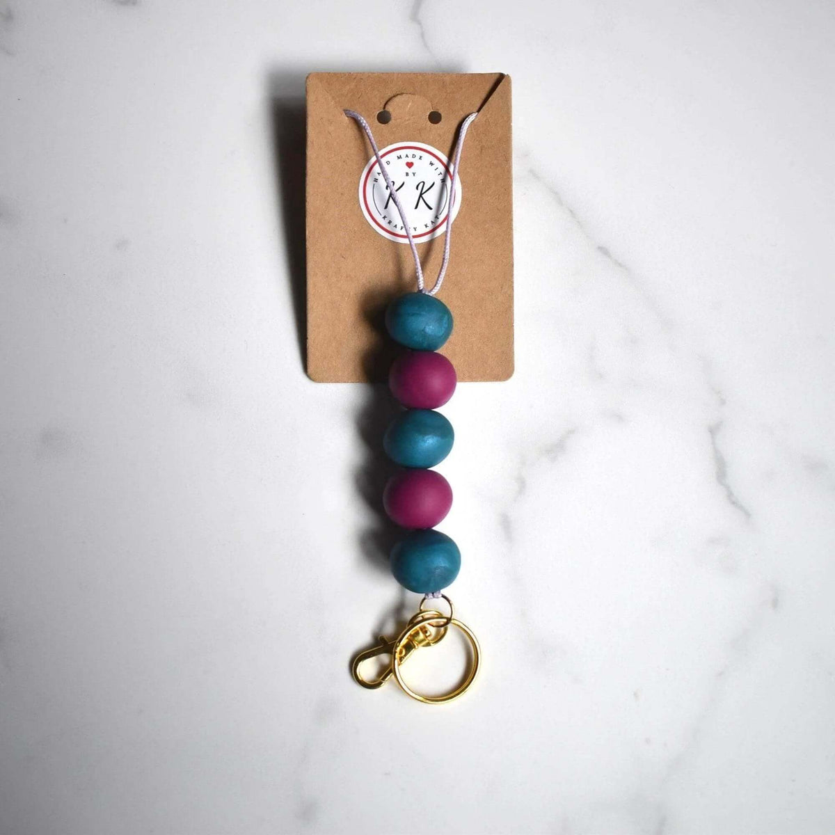 Gold Keyring with Teal Blue & Aubergine Beads - Mauve Cord Lanyard - Krafty Kat