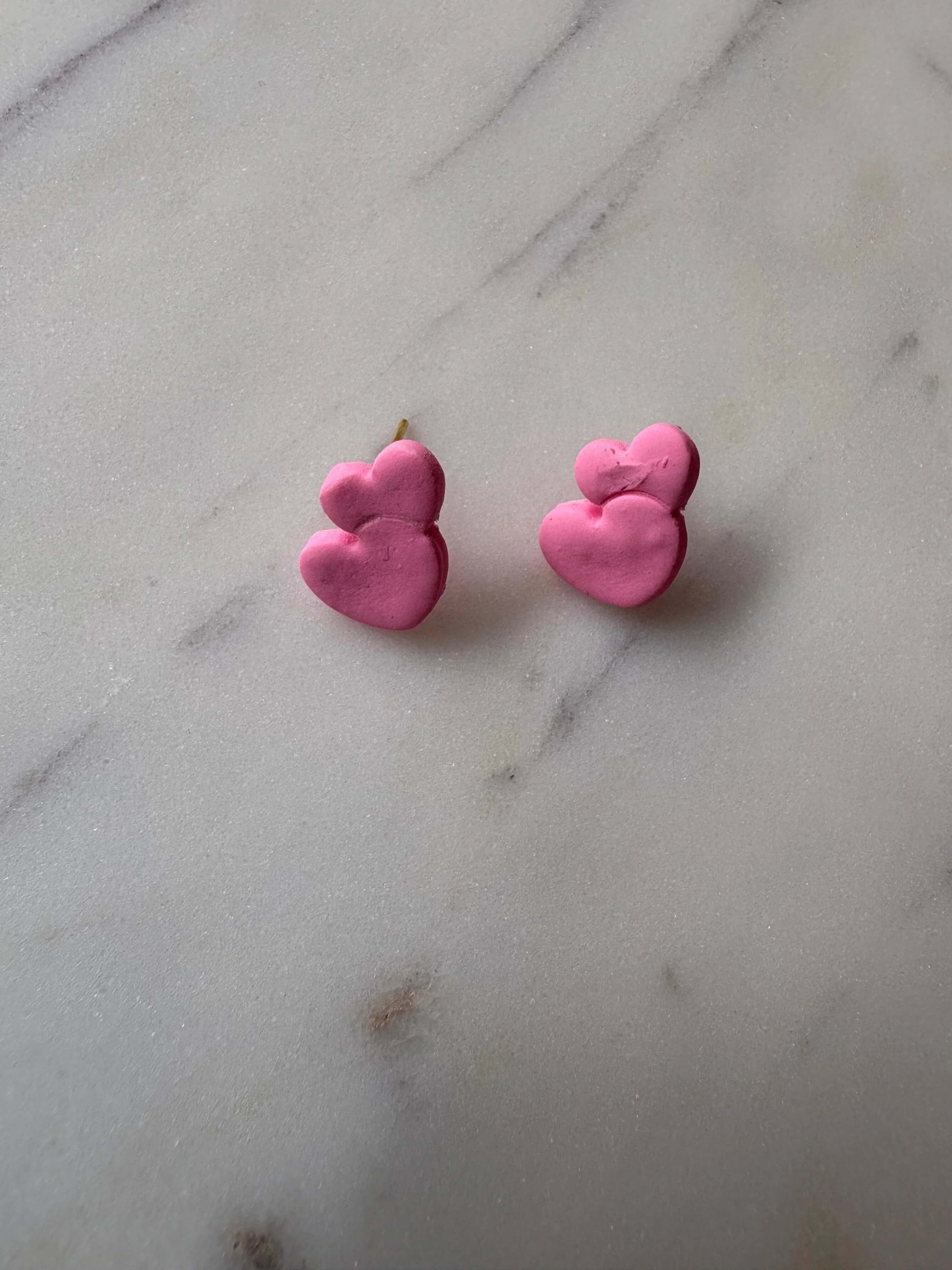 Pink Double Heart Gold Stud Earrings - Krafty Kat