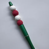 Red & White Beaded Green Barrel Pen - Krafty Kat