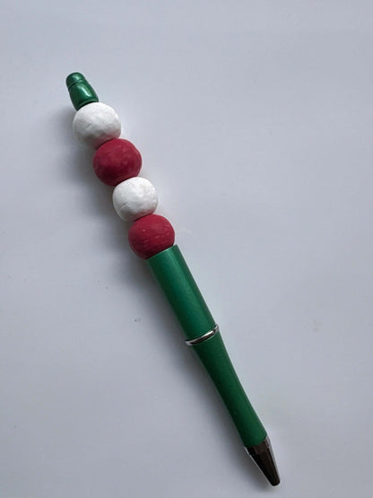 Red & White Beaded Green Barrel Pen - Krafty Kat
