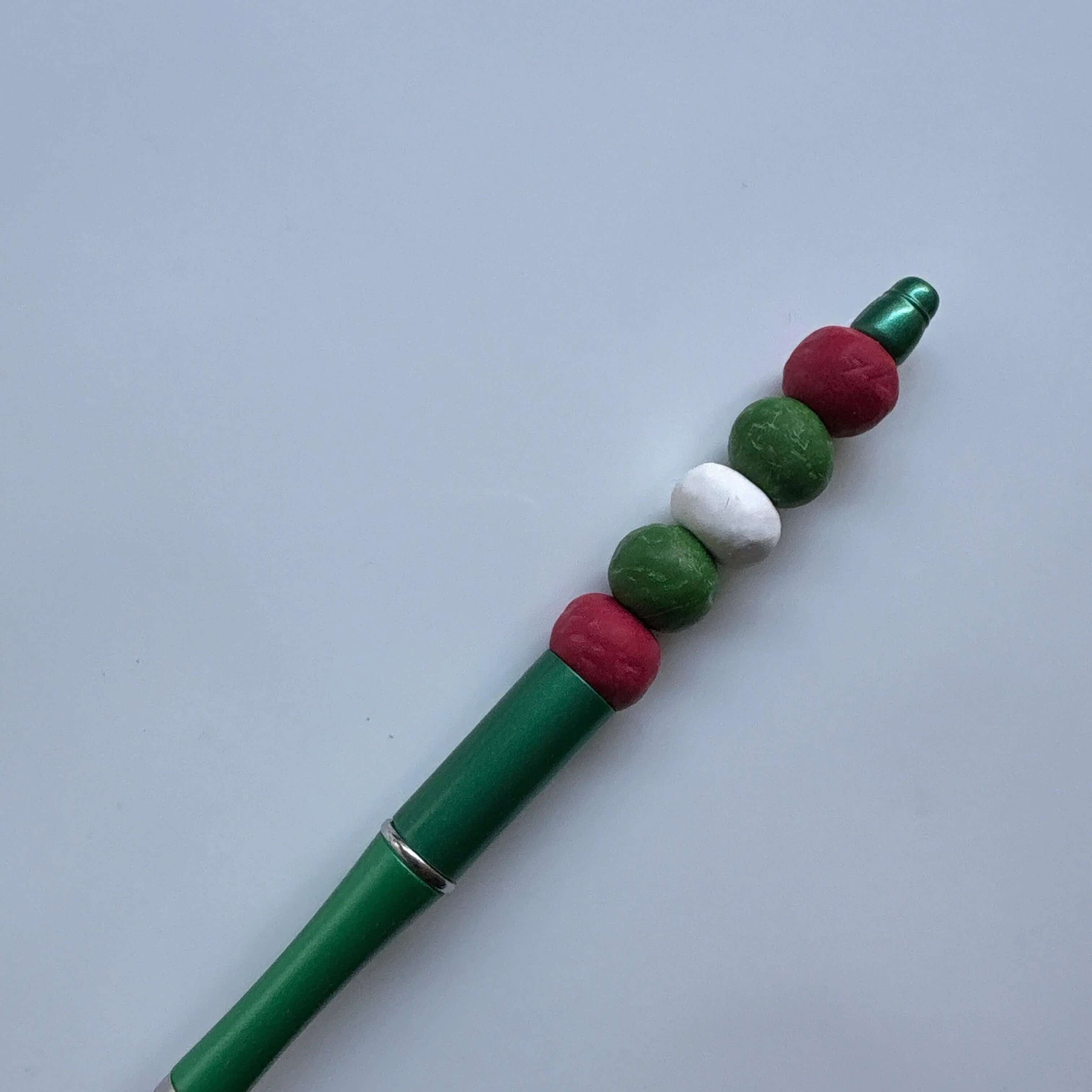 Red & White Beaded Green Barrel Pen - Krafty Kat