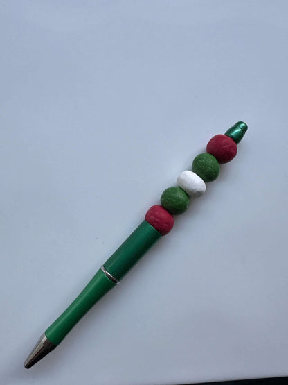 Red & White Beaded Green Barrel Pen - Krafty Kat