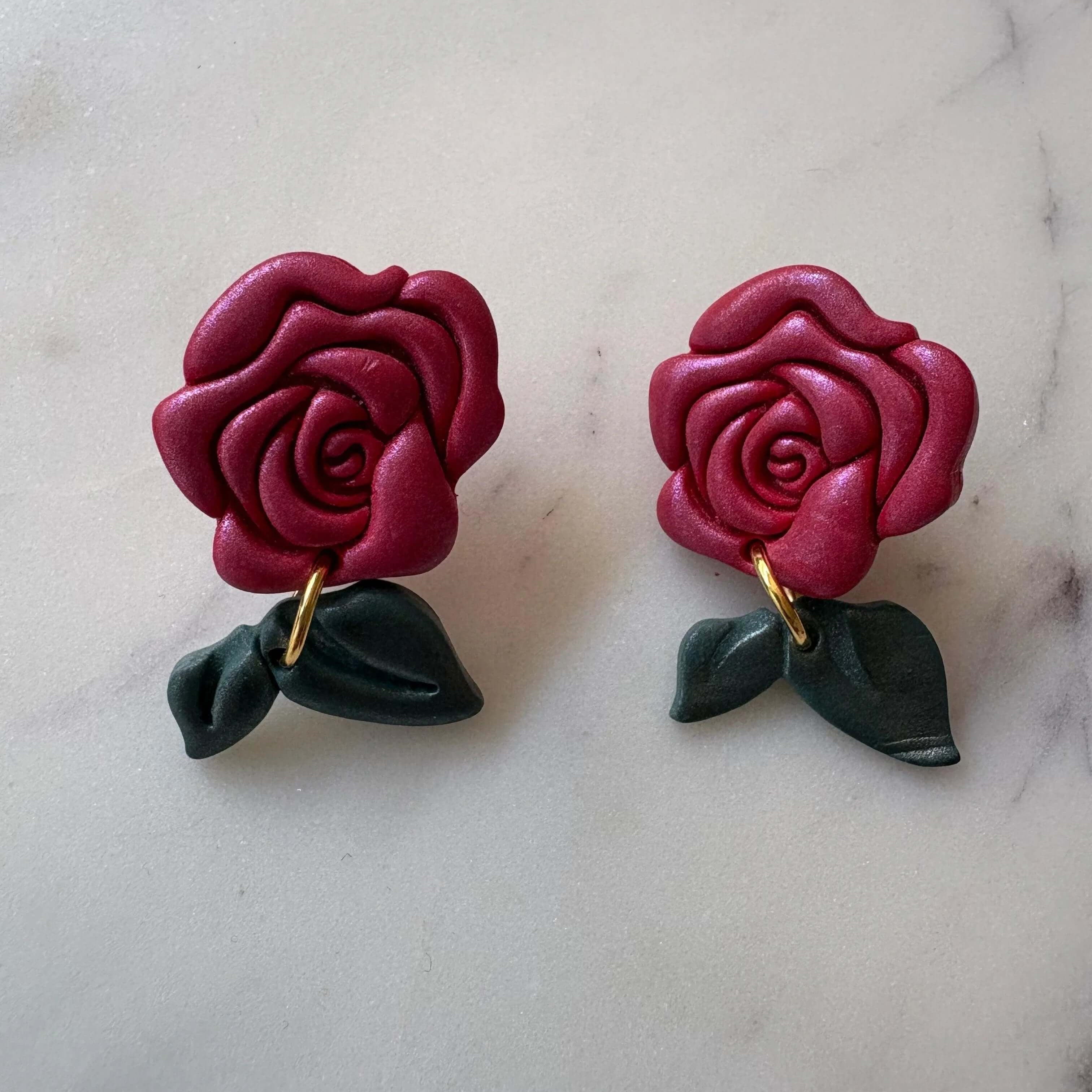 Shimmering Rose with Leaf Rose Dangle Stud Earrings - Krafty Kat