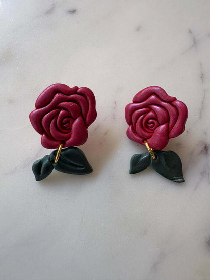 Shimmering Rose with Leaf Rose Dangle Stud Earrings - Krafty Kat